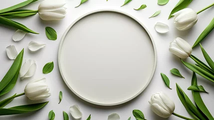Fotobehang white tulips for wedding cards around the round frame with white circle for text isolated on white background © Mahnoor