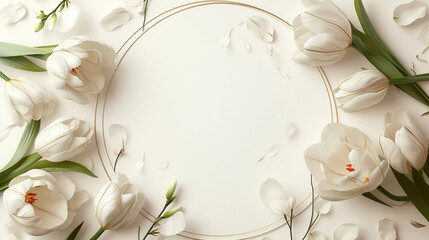 white tulips for wedding cards around the round frame with white circle for text isolated on white background
