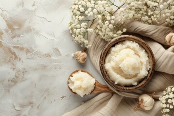 Top view of Shea butter in skin care cosmetics - obrazy, fototapety, plakaty
