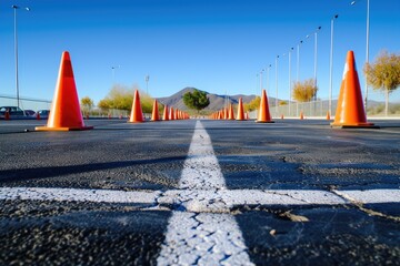Test track for driving school with markings and cones