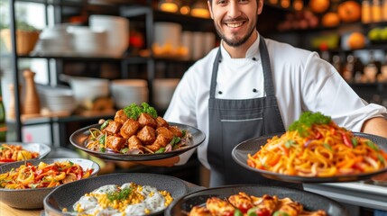 Obraz premium Man in Apron Holding Plates of Food