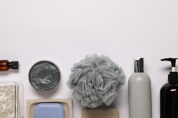 Bath accessories. Different personal care products on white background, flat lay with space for text