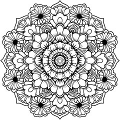 Exquisite Floral Mandala Coloring Pages: Intricate and Relaxing Flower Patterns for Mindful Art Therapy and Stress Relief - abstract mandala flower coloring book page design. black white