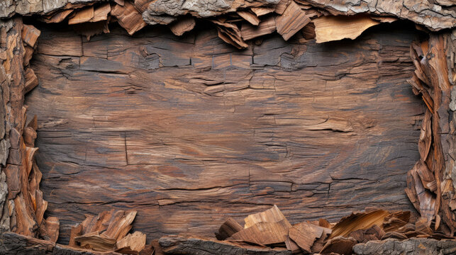 A textured border of tree bark chips with a central wooden surface.