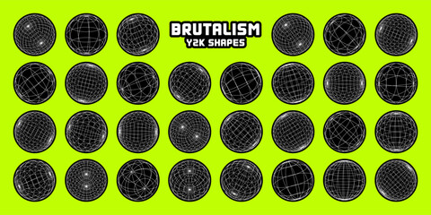 Wireframe shapes, lined sphere. Perspective mesh, 3d grid. Modern trendy low poly geometric elements. Retro futuristic design elements, y2k, vaporwave and synthwave style. Vector illustration