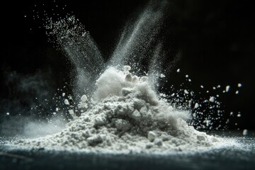 Tapioca starch falls as white powder seasoning flour is an elemental material Eyeshadow crush on black background with selective blur