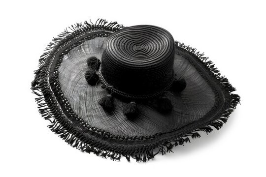 White background features Black Spanish Hat with Ball Fringe