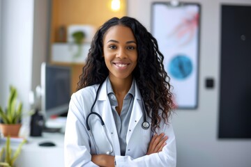 A beaming woman in a white lab coat stands confidently against a wall adorned with plants, her stethoscope a symbol of her important job as she gazes directly at the viewer with a warm smile on her h