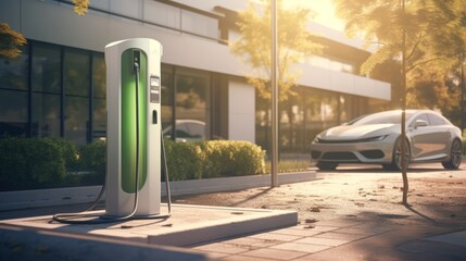 Modern fast electric vehicle chargers for charging car in park - obrazy, fototapety, plakaty