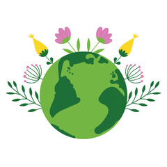 Green earth with flowers. Nature conservation, caring for the planet.  Earth day card, vector illustration.