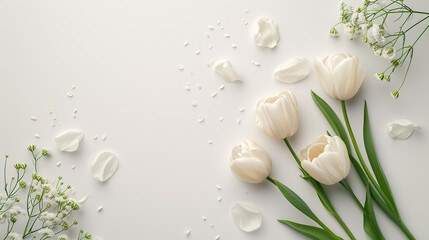 Obraz na płótnie Canvas wedding greeting card with copy space in the center of the frame, surrounded by cream-colored tulips , mothers day, Tulip flower on white background, copy space for your text in center