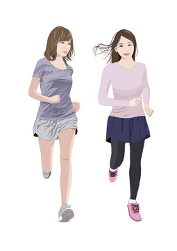 ランニングをする二人の若い女性イラスト