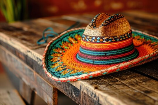 Mariachi hat a typical Mexican sombrero on a wooden table