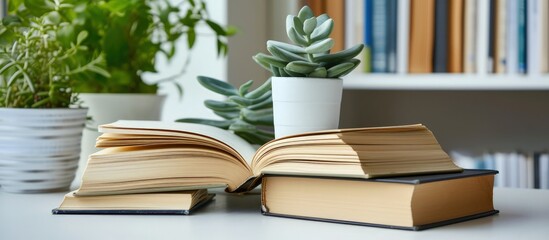 Education concept an open book near stack of books on table at library. Generated AI image