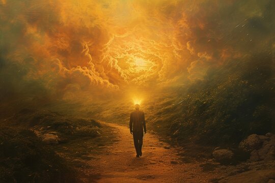 A solitary figure braves the oppressive heat and thick fog, guided by the warm glow of the sun as he traverses the winding path before him