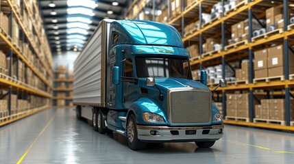 Blue Semi Truck Driving Through a Warehouse