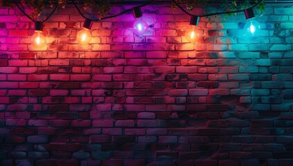 A vibrant brick wall shines with colorful lights, creating a dreamy atmosphere perfect for a magical night