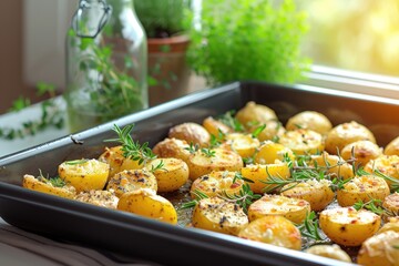 Roasted baby potatoes with herbs feta and olive oil on a tray by a window with thyme in a jar