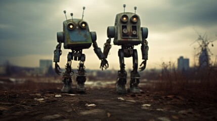 Fototapeta premium robots embrace post-apocalyptic time