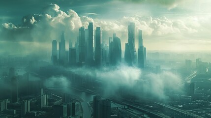 Fototapeta premium A foggy metropolis emerges from the clouds, as skyscrapers and tower blocks tower over the river, creating a stunning cityscape in this outdoor scene