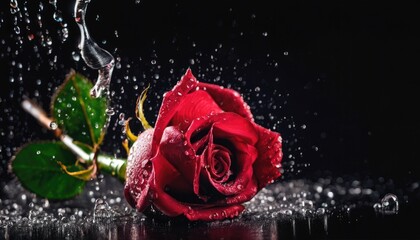 Vibrant red rose with water droplets against dark background