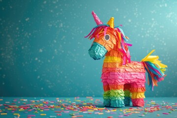 Mexican piñata for birthday or Cinco de Mayo with sprinkles Space for text on cards or invitations - obrazy, fototapety, plakaty