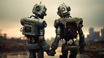 Naklejka premium robots embrace post-apocalyptic time