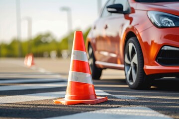Driving school tests modern car s focus on traffic cone at test track