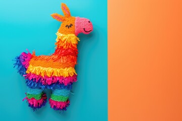 Text space with top view of pinata shaped like a llama on a colored background