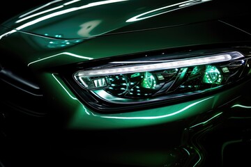 High tech LED car headlights in green with black background and text space on right side