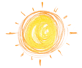 Yellow sun, chalk sketching isolated on white