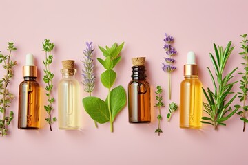 Essential oil bottles featuring various herbs on pink background - obrazy, fototapety, plakaty