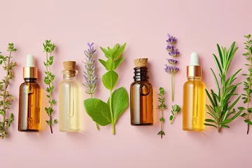 Rolgordijnen Essential oil bottles featuring various herbs on pink background © VolumeThings