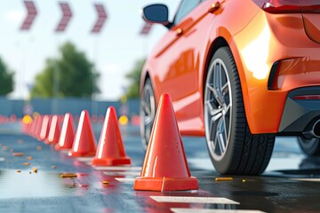 Driving school conducting car tests on track with cones