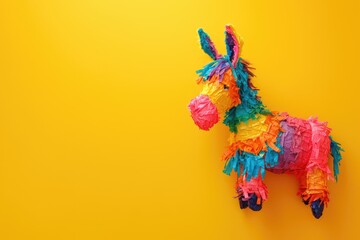 Donkey pinata on yellow background top view Area for text