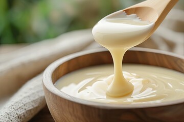 Close up of a wooden spoon pouring condensed milk over a bowl on a table