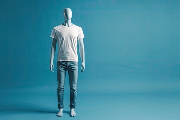 Male mannequin in t shirt and jeans isolated on blue background no logos or copyright objects - obrazy, fototapety, plakaty