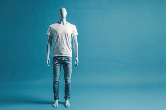 Male mannequin in t shirt and jeans isolated on blue background no logos or copyright objects