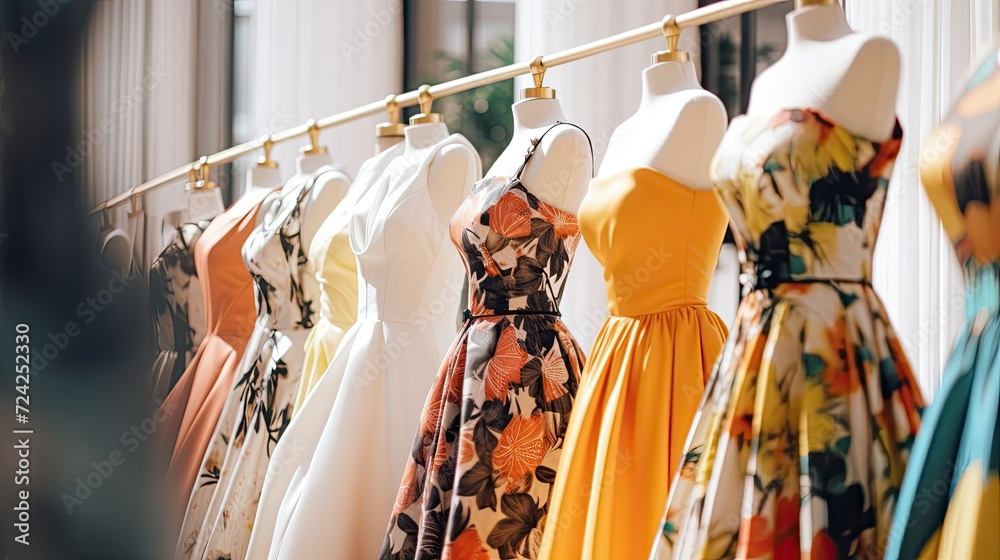 Wall mural designers dresses in display, fashion shop window.