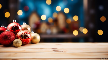 christmas decoration on wooden background, Christmas Tree With Illumination Near the Fireplace. Home Decor, Christmas decoration on wooden background - obrazy, fototapety, plakaty