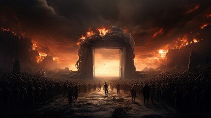 The gate to hell with a massive line of people in front of it and a horrifying landscape - obrazy, fototapety, plakaty