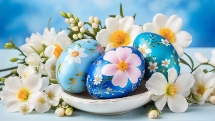 Bowl of Blue Decorated Eggs Surrounded by Flowers