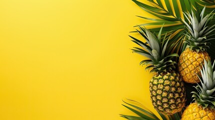 Green tropical palm leaves and pineapple on bright yellow summer background - obrazy, fototapety, plakaty