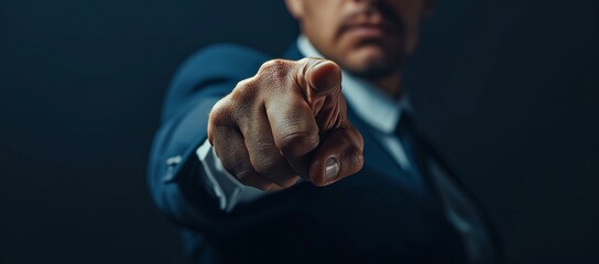 Generative AI image of business figure pointing finger to screen, in the style of dark gray and navy, matte background, close-up, pulpy style, ambitious, clean-lined, precise - obrazy, fototapety, plakaty
