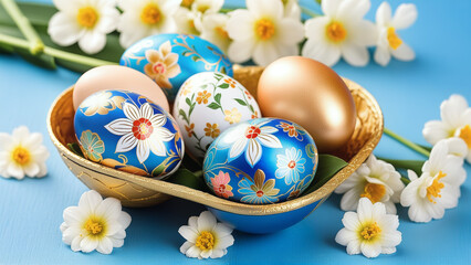 Basket Filled With Colorful Decorated Eggs Surrounded by Flowers on Blue Table