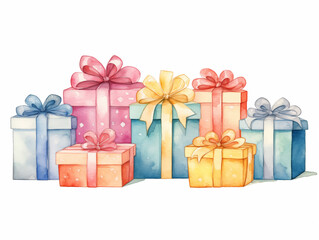 Obraz premium Illustration of Cute Watercolor Gift Box with bows on white background