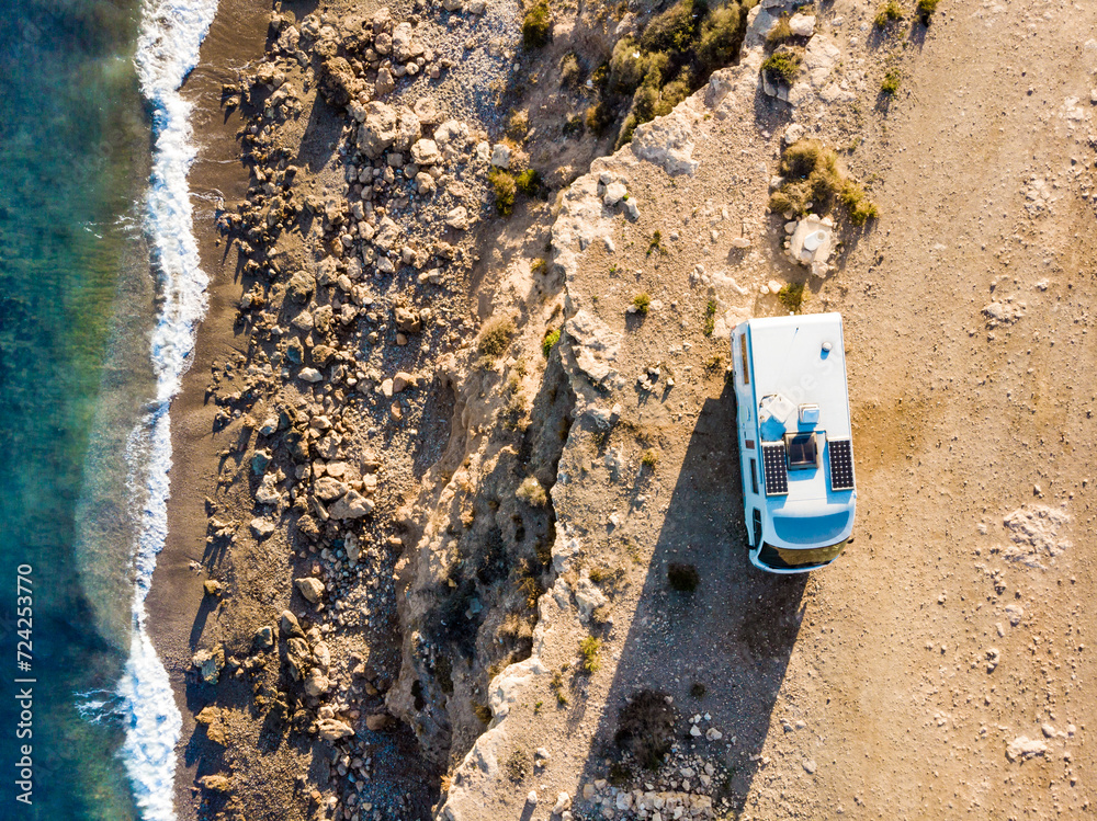 Canvas Prints rv caravan on spanish rocky coast. aerial view