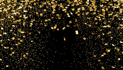 raining gold confetti isolated on black, party background