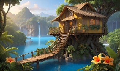 Obraz premium A wooden tree house with a lake in the background