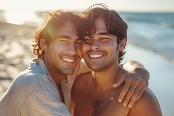 A couple embraces on a sandy beach, their beaming faces filled with love and happiness as they...